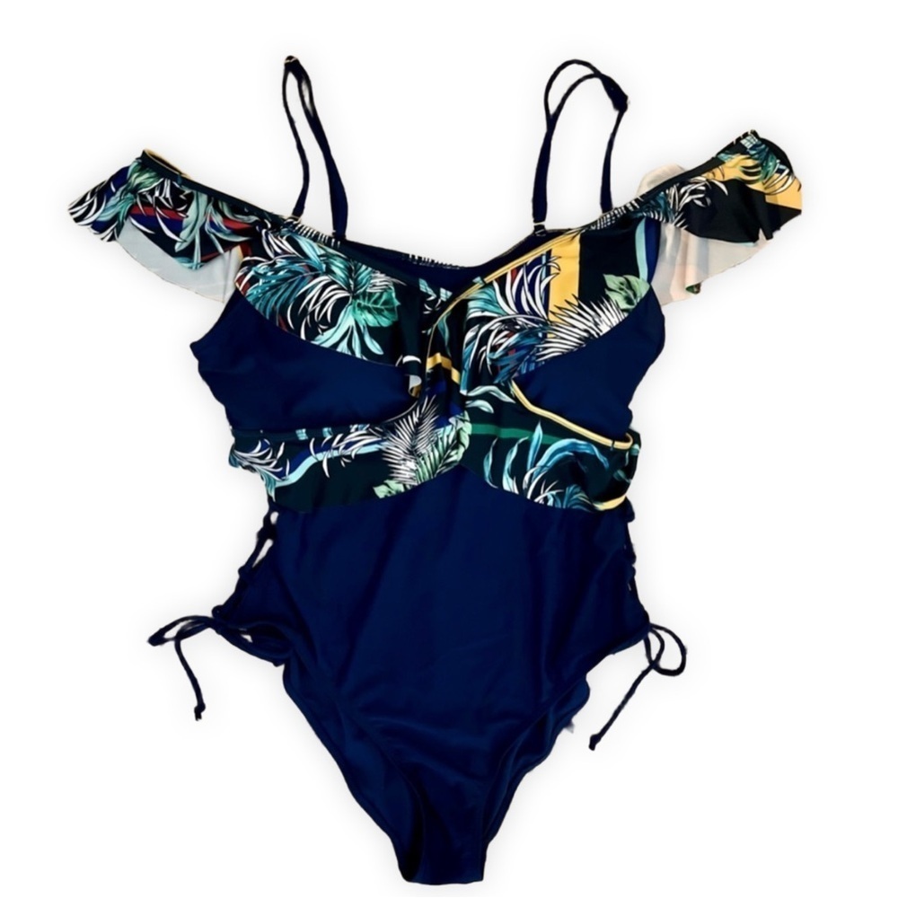NWOT Swimsuit XOXO 1 PC Navy Tropical Print Ruffle Trim Off Shoulder Mallot L